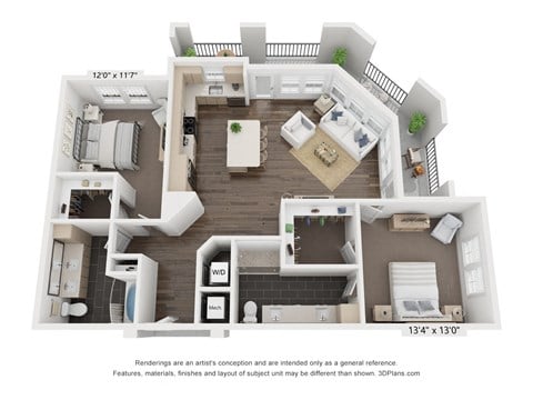 Floor plan for 2 beds, 2 baths, 1306 sqft